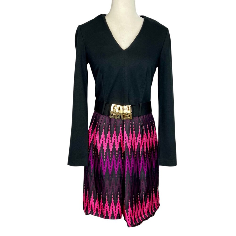Milly New York Womens Long Sleeve Belted Mini Dress Black Pink Purple size 6